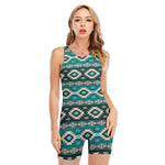 Teal Southwestern Navajo Pattern Print Sleeveless One Piece Swimsuit