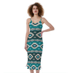 Teal Southwestern Navajo Pattern Print Slim Fit Midi Cami Dress
