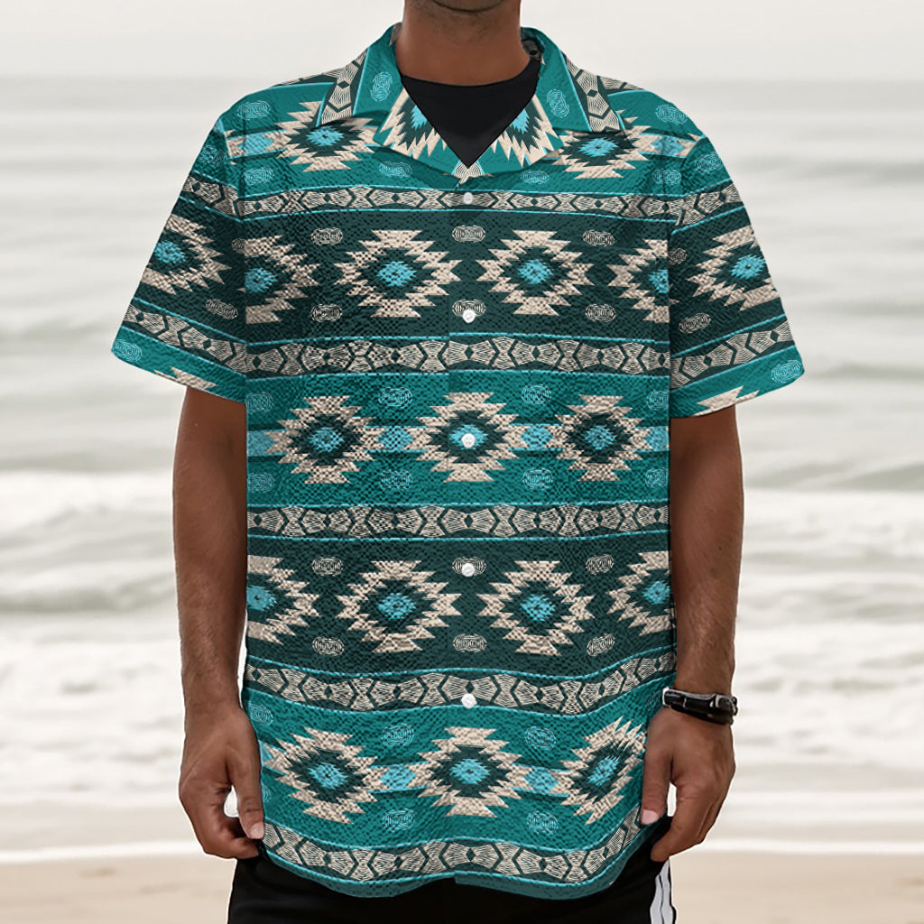 Teal Southwestern Navajo Pattern Print Textured Short Sleeve Shirt