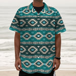 Teal Southwestern Navajo Pattern Print Textured Short Sleeve Shirt