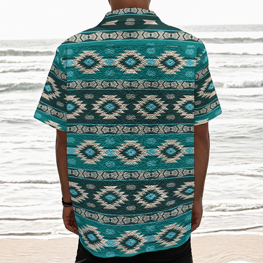 Teal Southwestern Navajo Pattern Print Textured Short Sleeve Shirt
