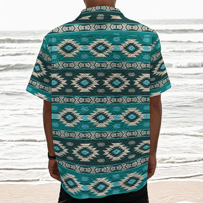 Teal Southwestern Navajo Pattern Print Textured Short Sleeve Shirt