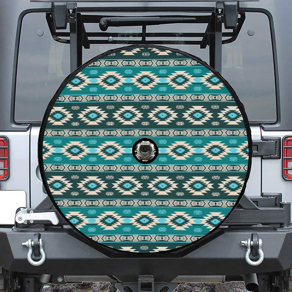 Teal Southwestern Navajo Pattern Print Tire Cover With Camera Hole