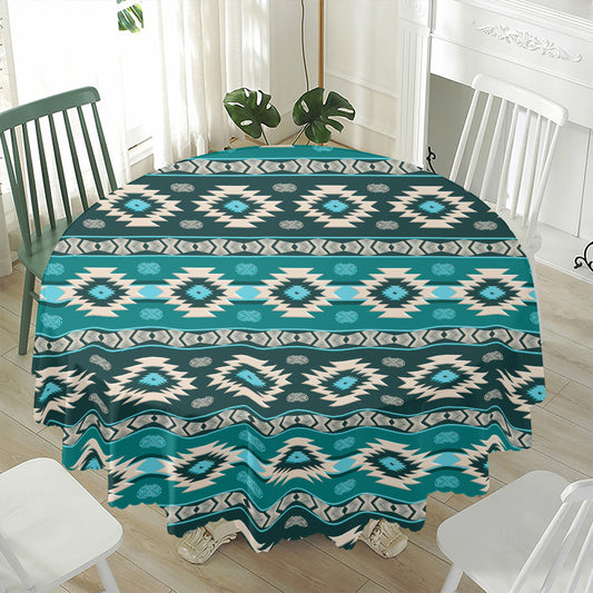 Teal Southwestern Navajo Pattern Print Waterproof Round Tablecloth