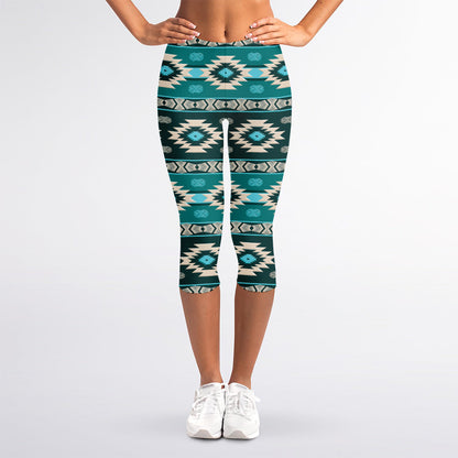 Teal Southwestern Navajo Pattern Print Women's Capri Leggings