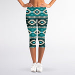 Teal Southwestern Navajo Pattern Print Women's Capri Leggings