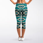 Teal Southwestern Navajo Pattern Print Women's Capri Leggings