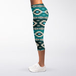 Teal Southwestern Navajo Pattern Print Women's Capri Leggings