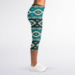 Teal Southwestern Navajo Pattern Print Women's Capri Leggings