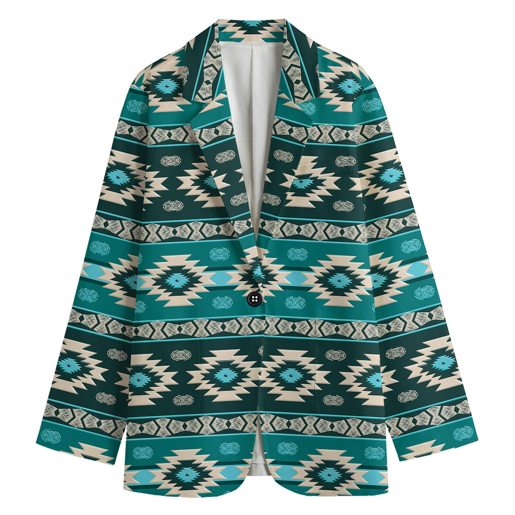 Teal Southwestern Navajo Pattern Print Women's Cotton Blazer