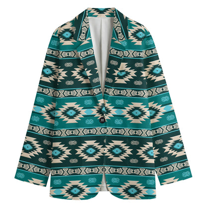 Teal Southwestern Navajo Pattern Print Women's Cotton Blazer