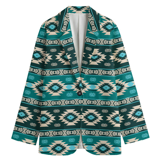Teal Southwestern Navajo Pattern Print Women's Cotton Blazer