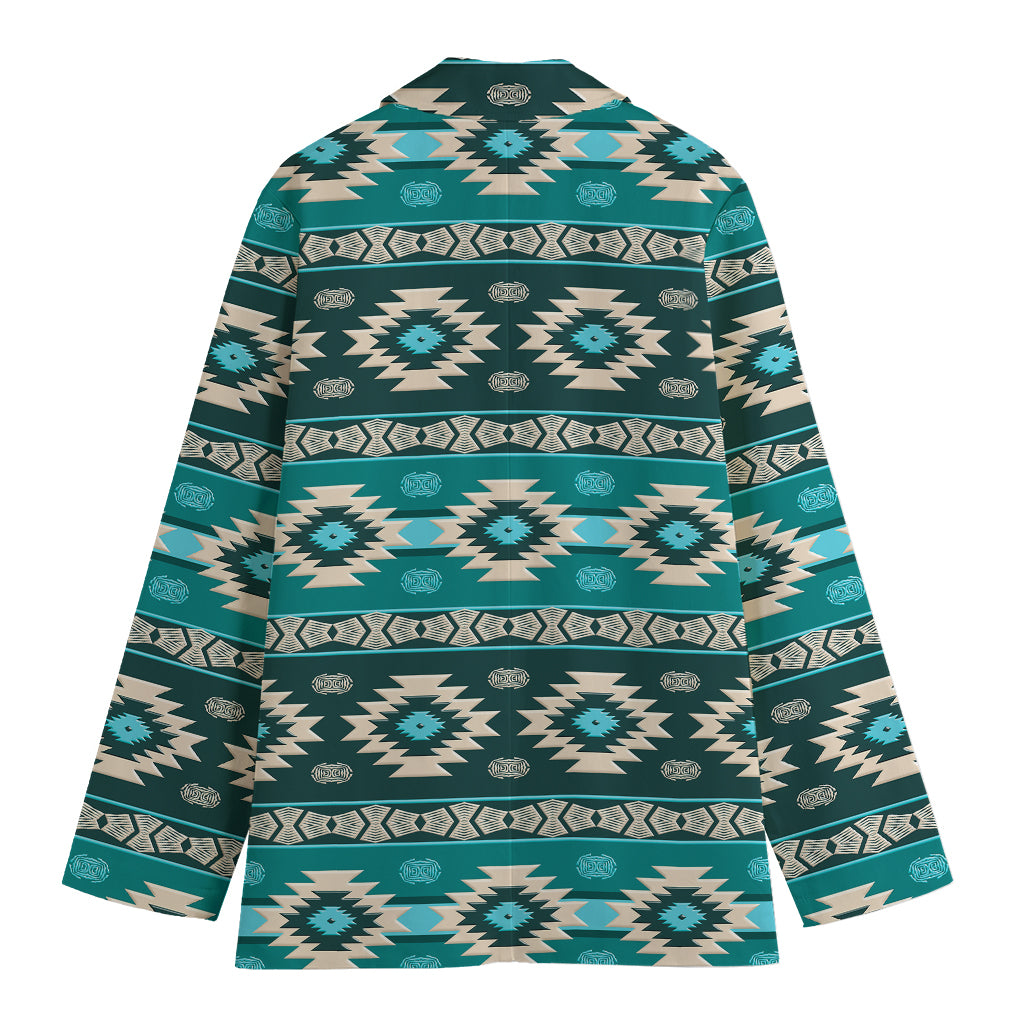 Teal Southwestern Navajo Pattern Print Women's Cotton Blazer