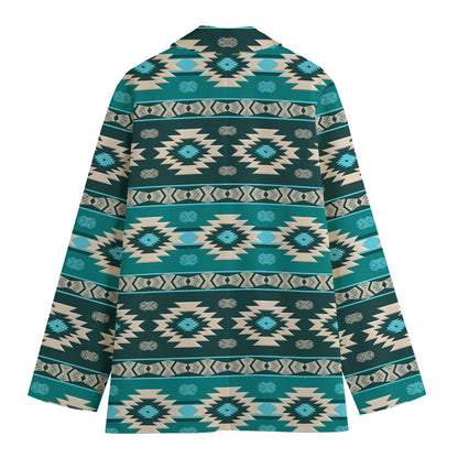 Teal Southwestern Navajo Pattern Print Women's Cotton Blazer