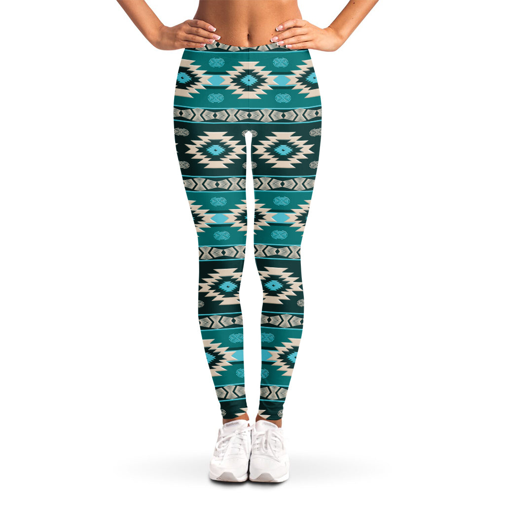 Teal Southwestern Navajo Pattern Print Women's Leggings