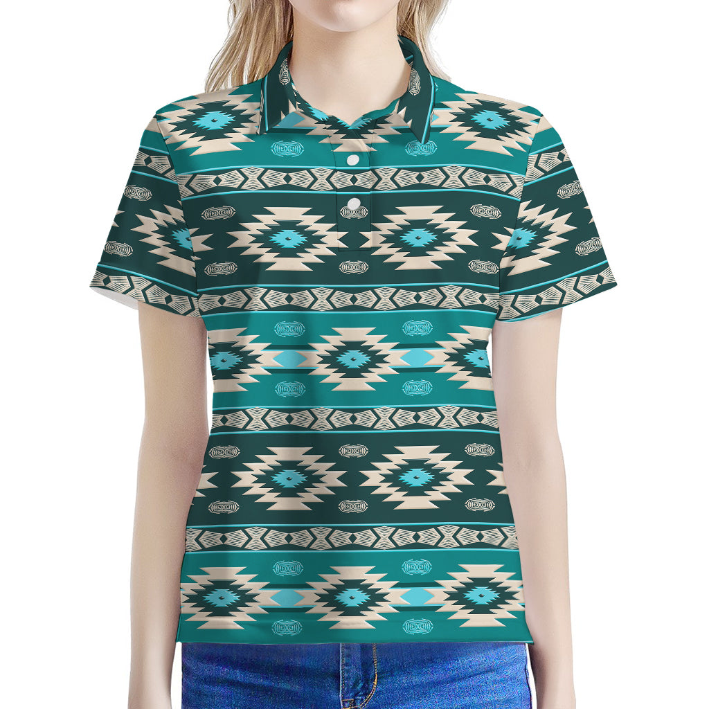 Teal Southwestern Navajo Pattern Print Women's Polo Shirt