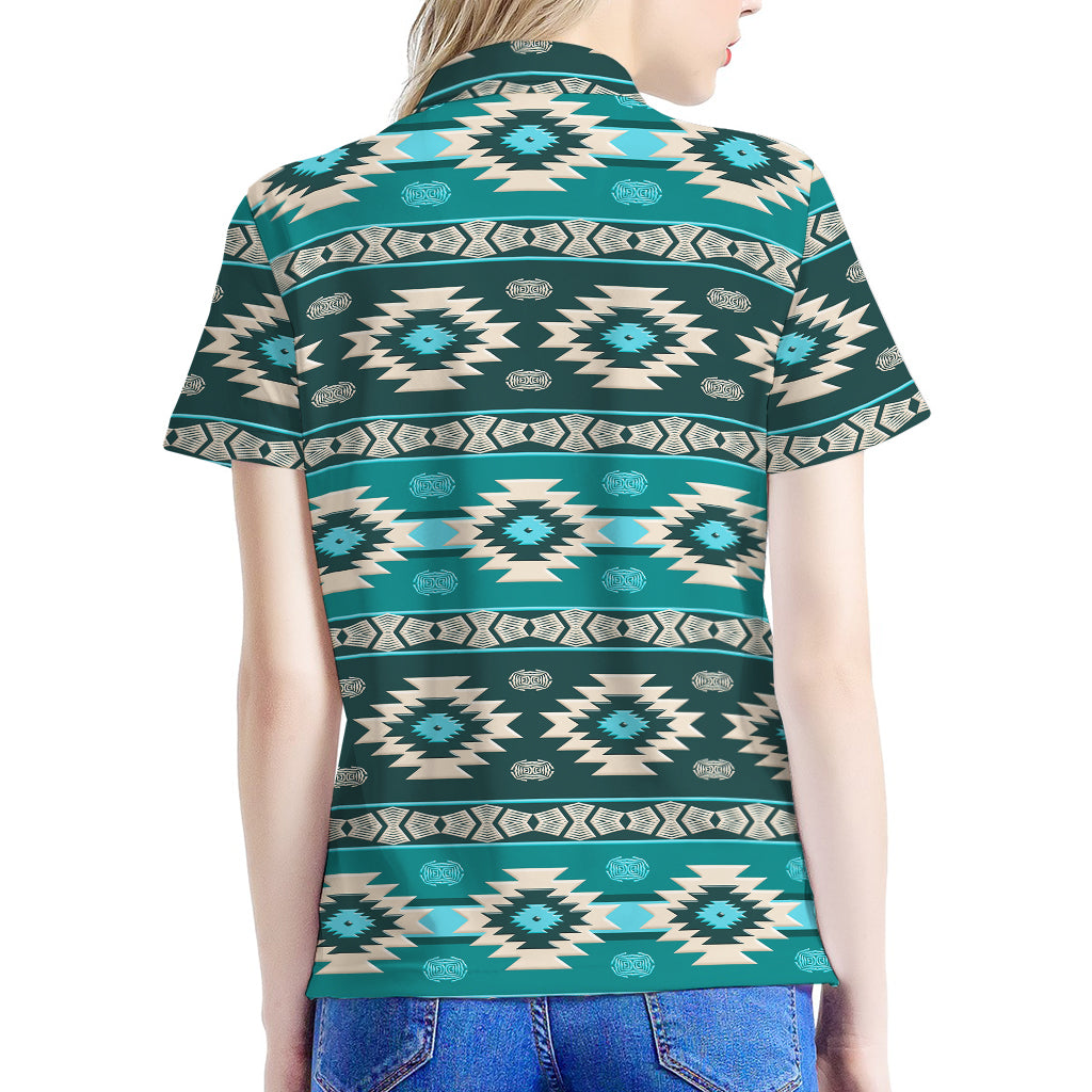 Teal Southwestern Navajo Pattern Print Women's Polo Shirt