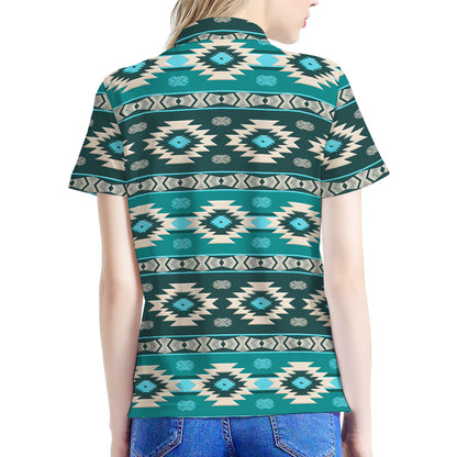 Teal Southwestern Navajo Pattern Print Women's Polo Shirt