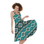 Teal Southwestern Navajo Pattern Print Women's Sleeveless Dress