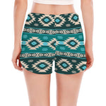Teal Southwestern Navajo Pattern Print Women's Split Running Shorts