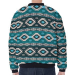 Teal Southwestern Navajo Pattern Print Zip Sleeve Bomber Jacket