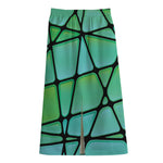 Teal Stained Glass Mosaic Print Cotton Front Slit Maxi Skirt