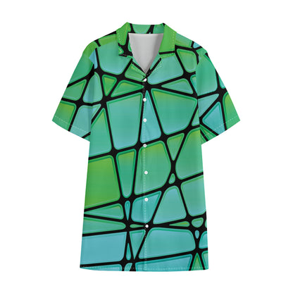 Teal Stained Glass Mosaic Print Cotton Hawaiian Shirt