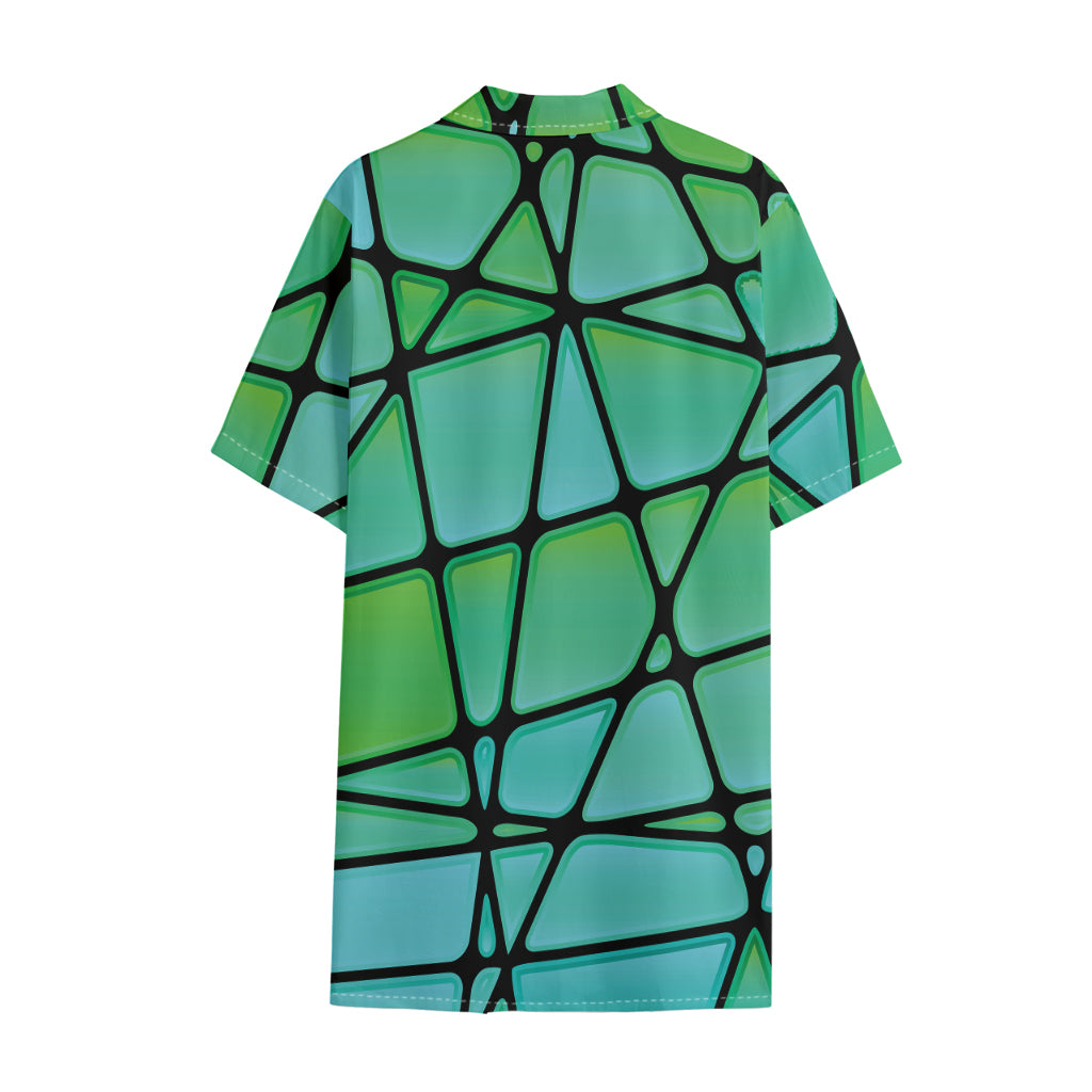 Teal Stained Glass Mosaic Print Cotton Hawaiian Shirt