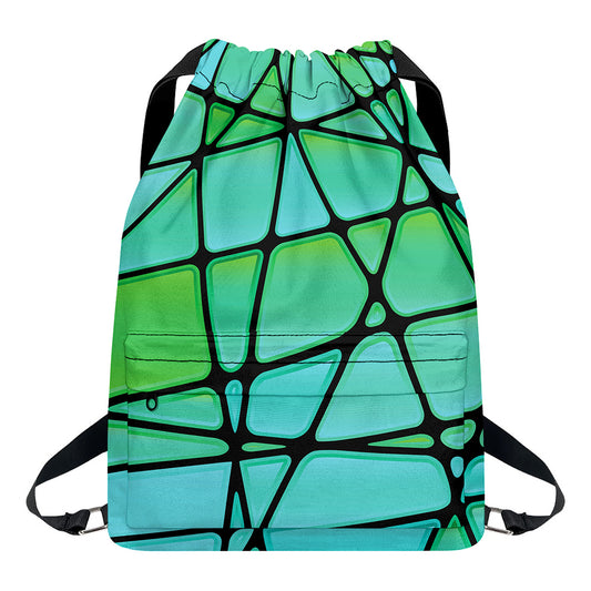 Teal Stained Glass Mosaic Print Drawstring Backpack