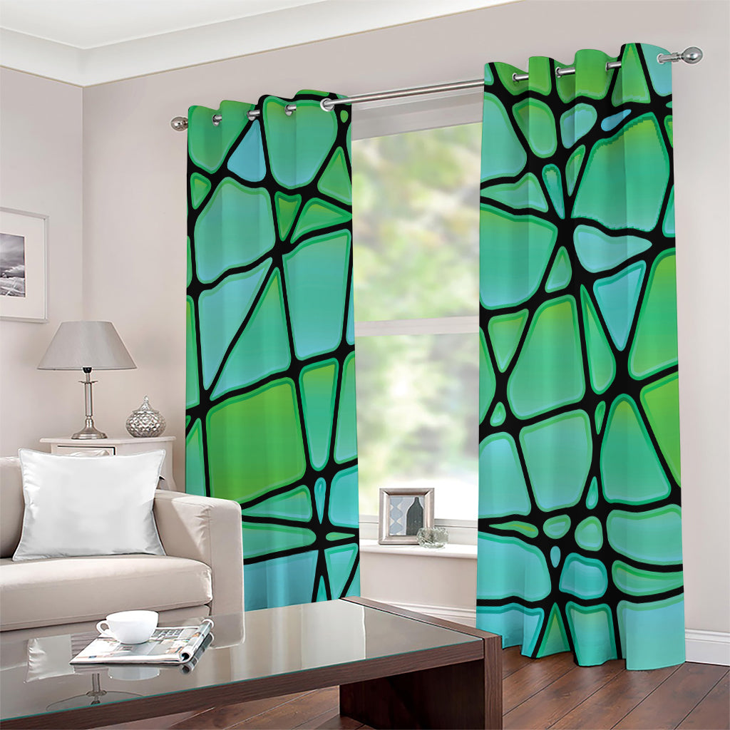 Teal Stained Glass Mosaic Print Extra Wide Grommet Curtains