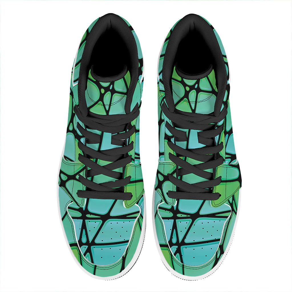 Teal Stained Glass Mosaic Print High Top Leather Sneakers