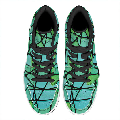 Teal Stained Glass Mosaic Print High Top Leather Sneakers
