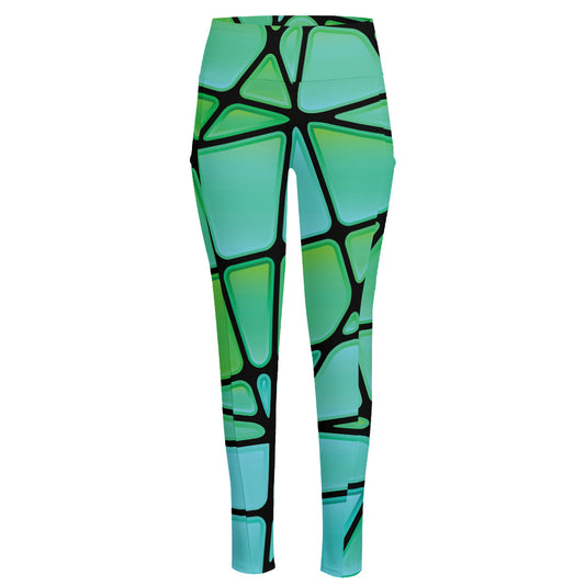 Teal Stained Glass Mosaic Print High-Waisted Pocket Leggings