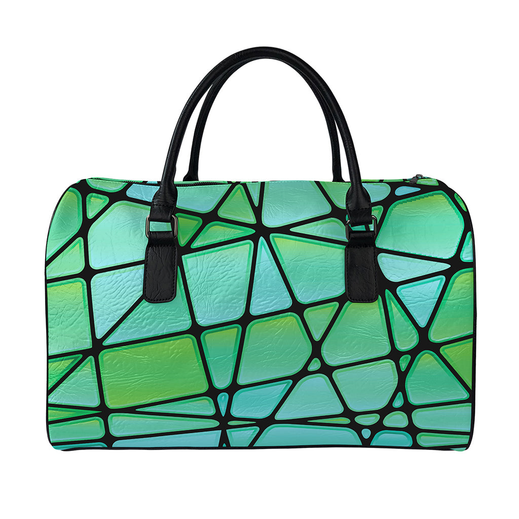 Teal Stained Glass Mosaic Print Leather Duffle Bag