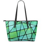 Teal Stained Glass Mosaic Print Leather Tote Bag