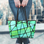 Teal Stained Glass Mosaic Print Leather Tote Bag