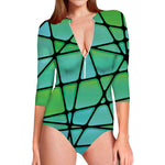 Teal Stained Glass Mosaic Print Long Sleeve Swimsuit