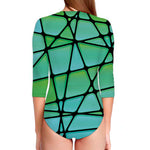 Teal Stained Glass Mosaic Print Long Sleeve Swimsuit