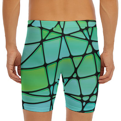 Teal Stained Glass Mosaic Print Men's Long Boxer Briefs