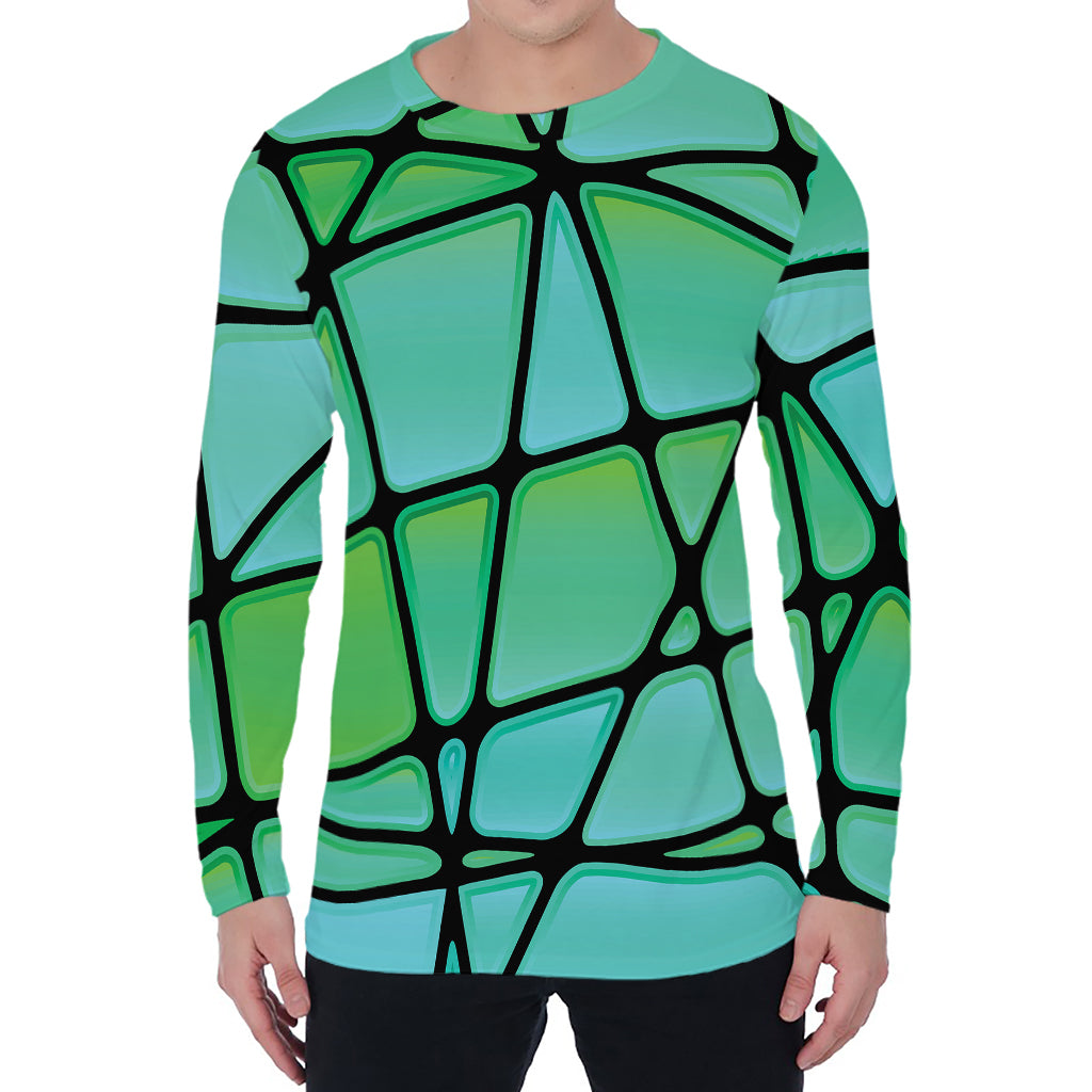 Teal Stained Glass Mosaic Print Men's Long Sleeve T-Shirt