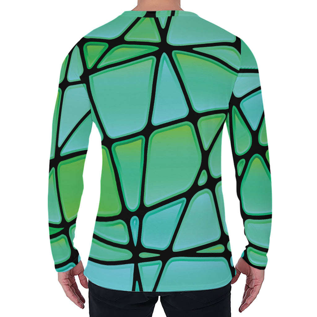 Teal Stained Glass Mosaic Print Men's Long Sleeve T-Shirt