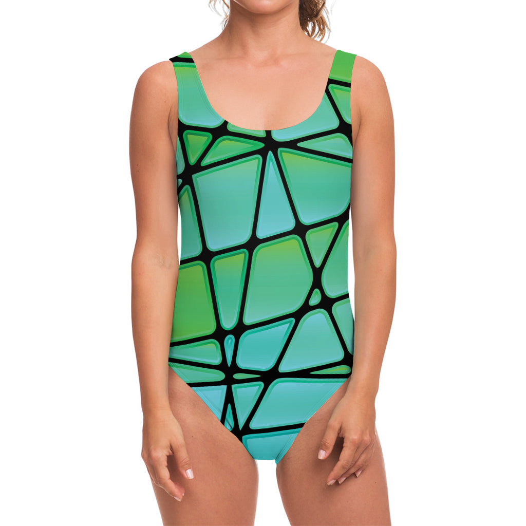 Teal Stained Glass Mosaic Print One Piece Swimsuit