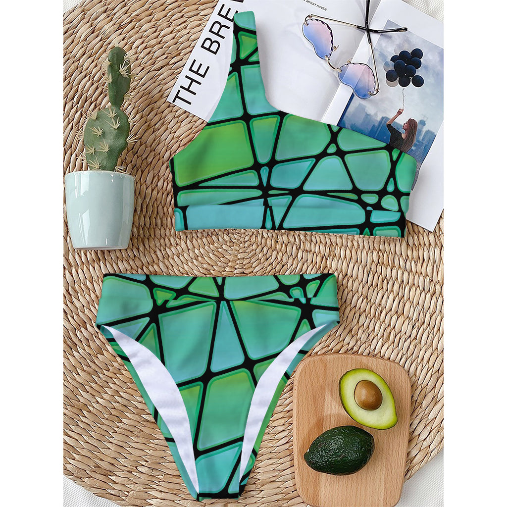 Teal Stained Glass Mosaic Print One Shoulder Bikini Top