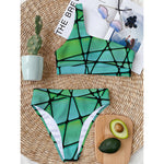 Teal Stained Glass Mosaic Print One Shoulder Bikini Top