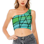 Teal Stained Glass Mosaic Print One Shoulder Crop Top