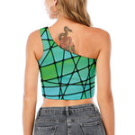 Teal Stained Glass Mosaic Print One Shoulder Crop Top