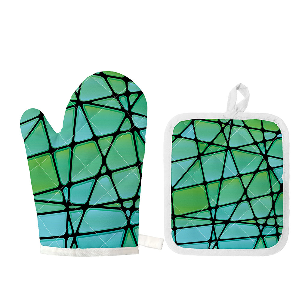 Teal Stained Glass Mosaic Print Oven Mitt And Pot Holder Set