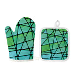 Teal Stained Glass Mosaic Print Oven Mitt And Pot Holder Set