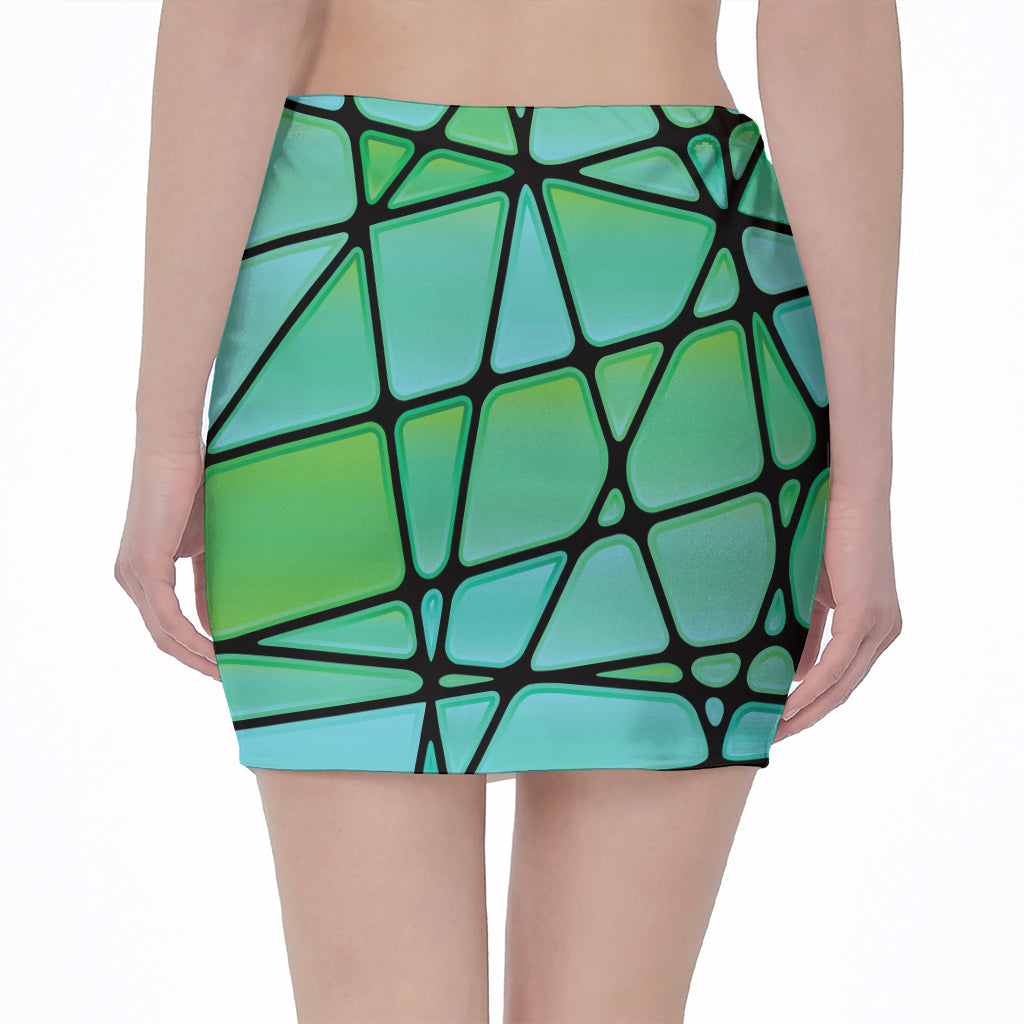 Teal Stained Glass Mosaic Print Pencil Mini Skirt