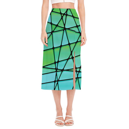 Teal Stained Glass Mosaic Print Side Slit Midi Skirt